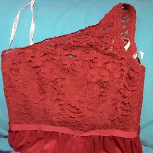 A lovely Red Lace One-Shoulder Dress on left side